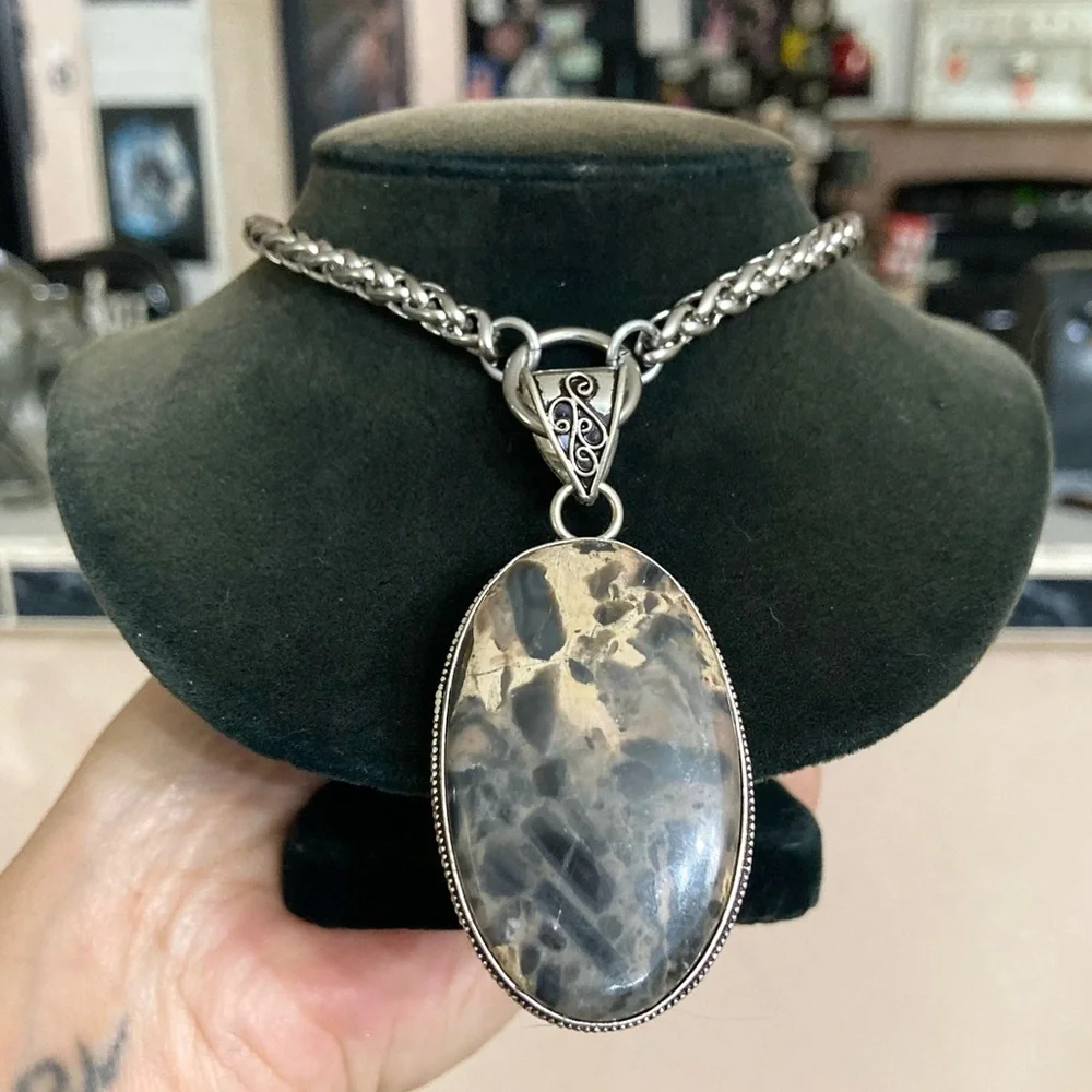 925 Sterling silver overlay marble jasper charm gemstone boho necklace - Picture 5 of 11